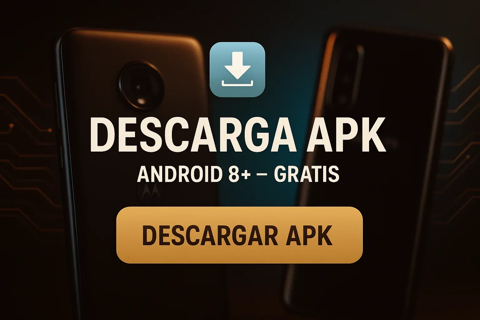 Banner oscuro con texto Descargá APK, botón dorado y flecha Android