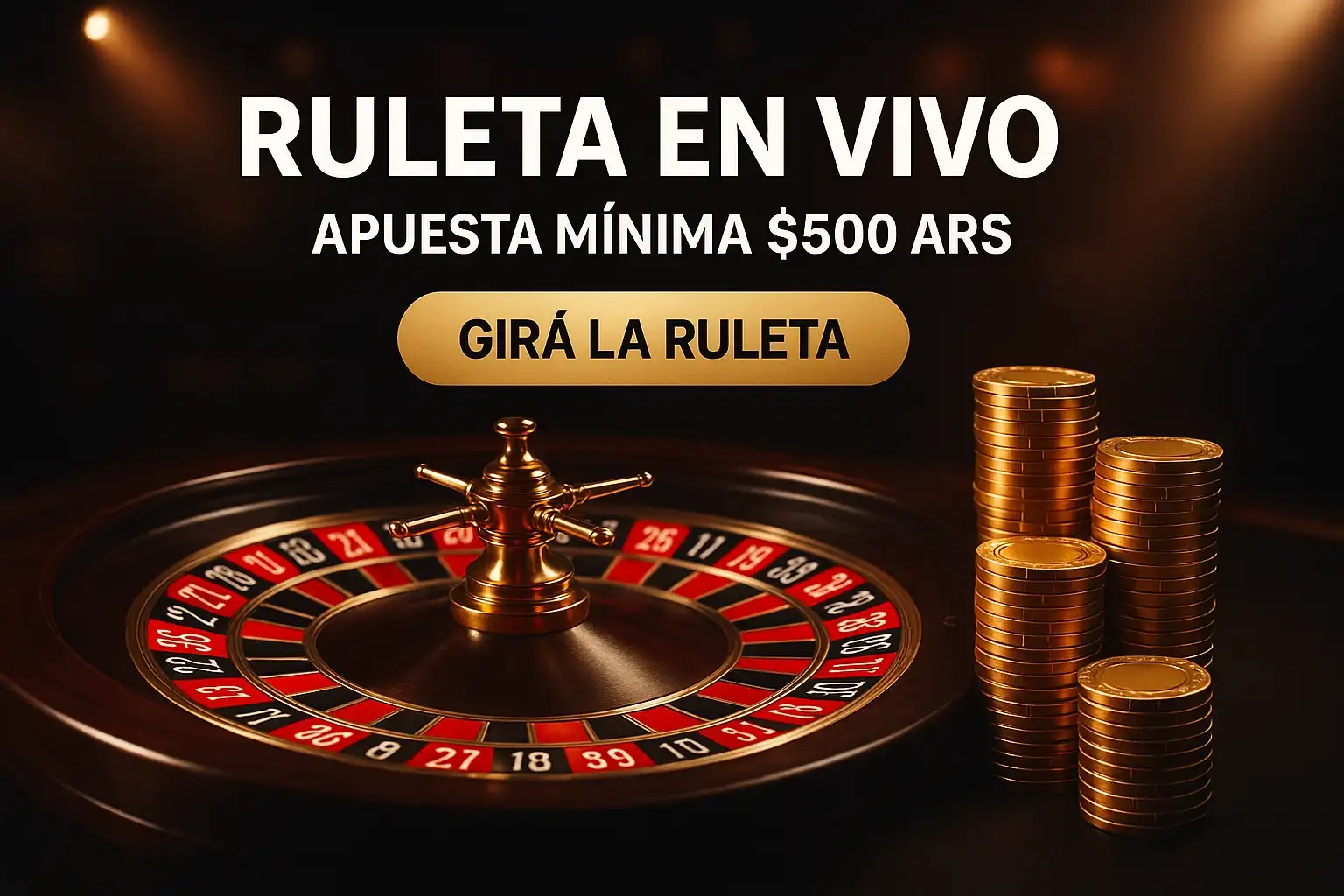 Banner de ruleta en vivo con fichas doradas y botón Girá la ruleta