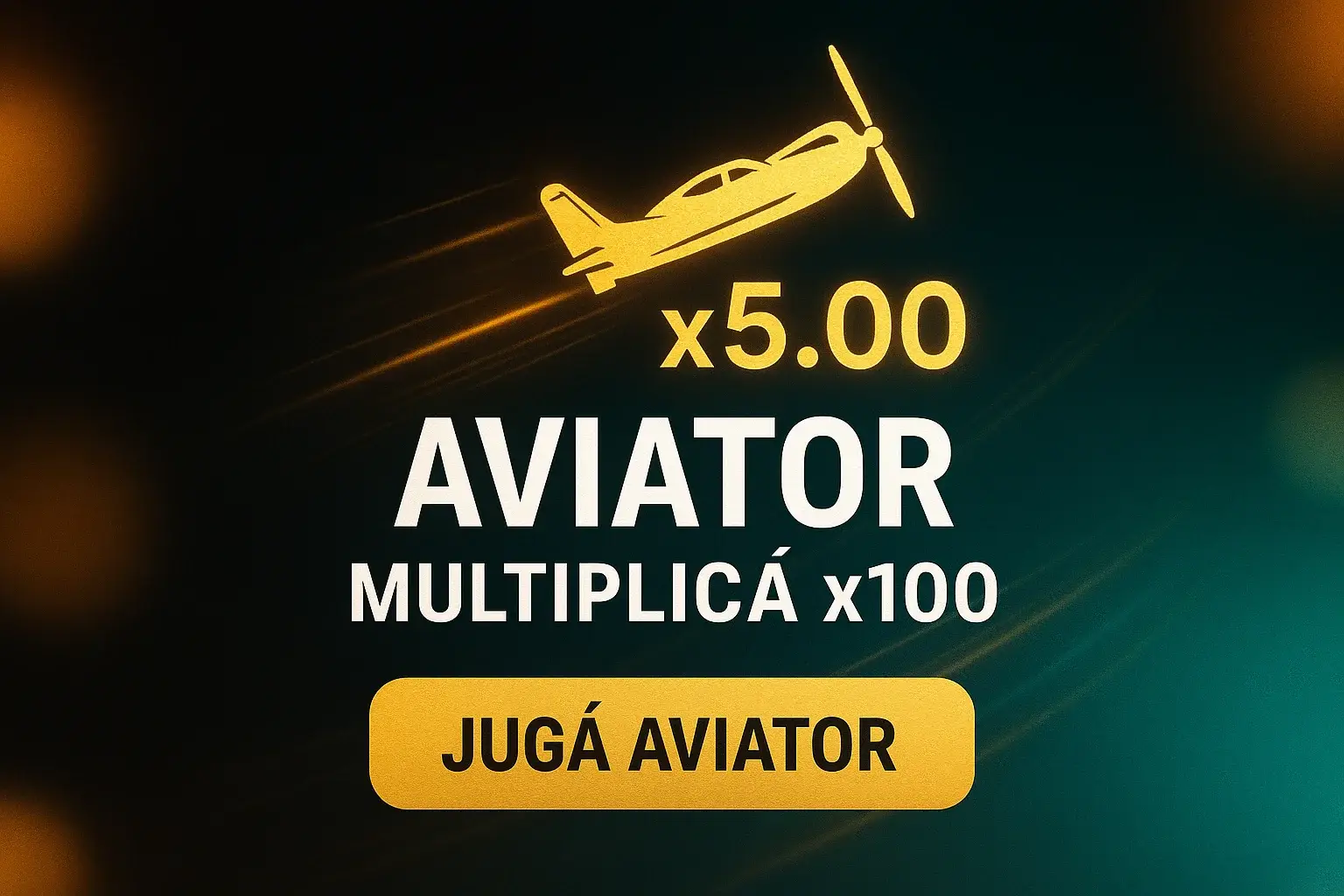 Banner casino Aviator con fondo oscuro, avión, multiplicador x5.00 y CTA