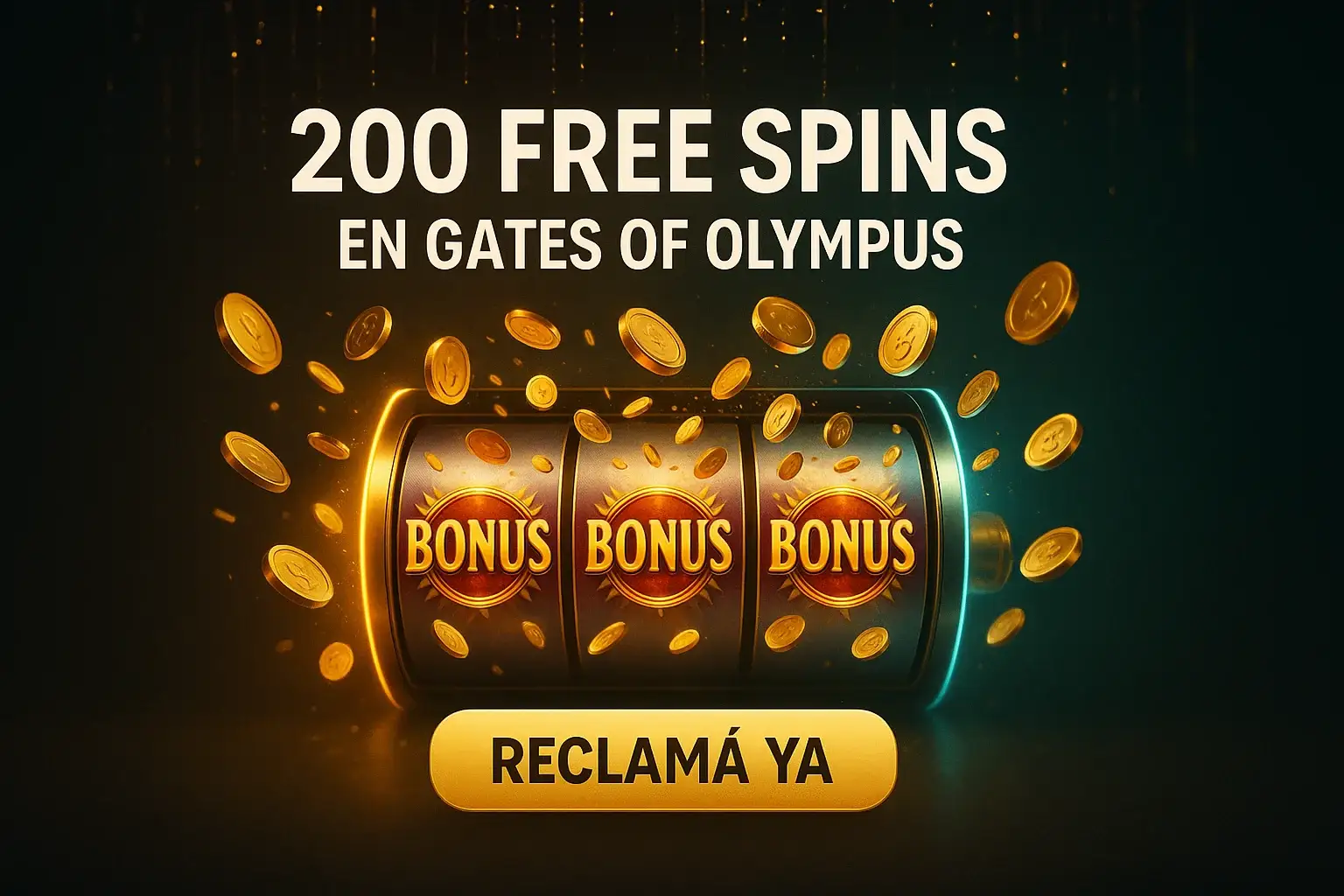 Banner de casino con 200 giros gratis y botón Reclamá Ya