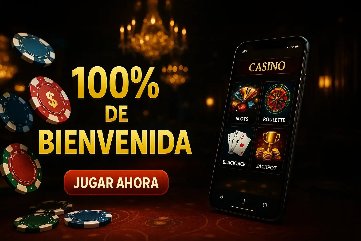 Banner de casino con 100% de bienvenida, fichas y botón Jugar Ahora