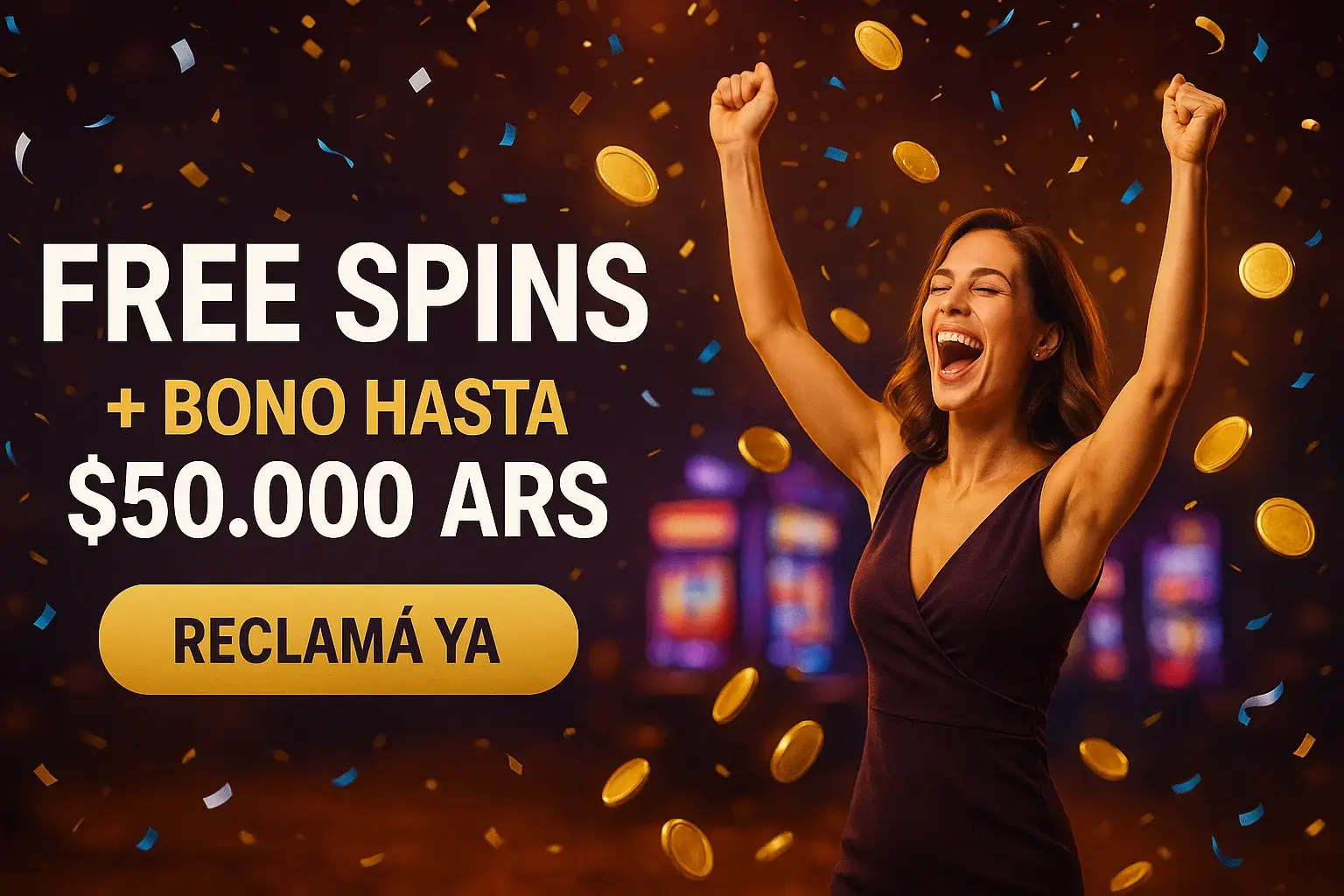 Banner de tragamonedas: mujer celebra, monedas caen, giros gratis y bonus ARS